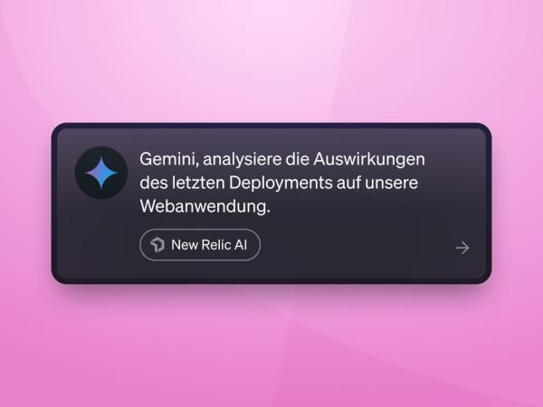 Chat-Prompt mit dem Label „New Relic AI“, der lautet: „Gemini, analysiere die Auswirkungen des letzten Deployments auf unsere Webanwendung.“