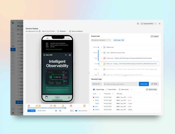 Mobile Session Replay plays back user interactions on a mobile app and maps other telemetry data to show users’ journeys.