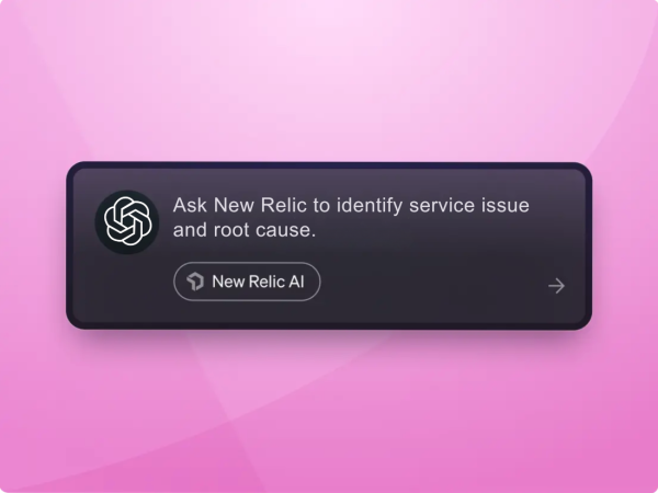 「Ask New Relic to identify service issue and root cause.（New Relicにサービスの問題と根本原因の特定を依頼してください）」というテキストが表示されたAgentic Integrationsのイメージ。