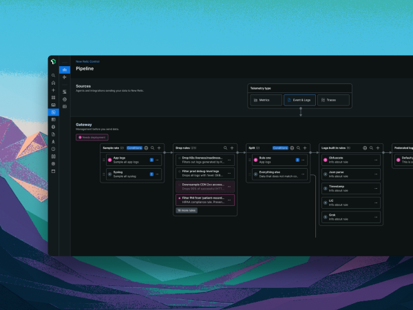 Diagrama que muestra el Pipeline Control Gateway conectando buckets locales de S3 con la plataforma New Relic sin transferencia de datos.