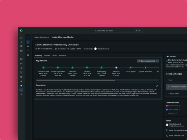Incident lifecycle showing correlated alerts, automated Slack channel creation, and unified incident timeline