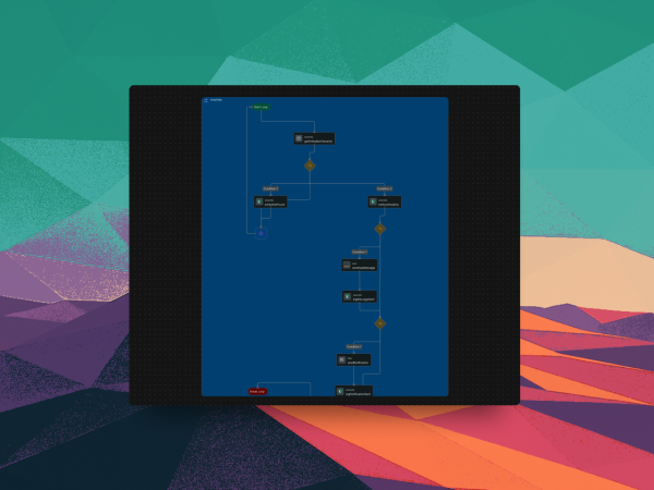 Workflow builder interface showing drag-and-drop components connecting various services.