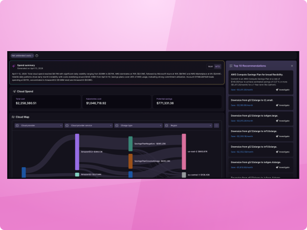 Recommendations and cost attribution view with right-sizing opportunities and waste reduction