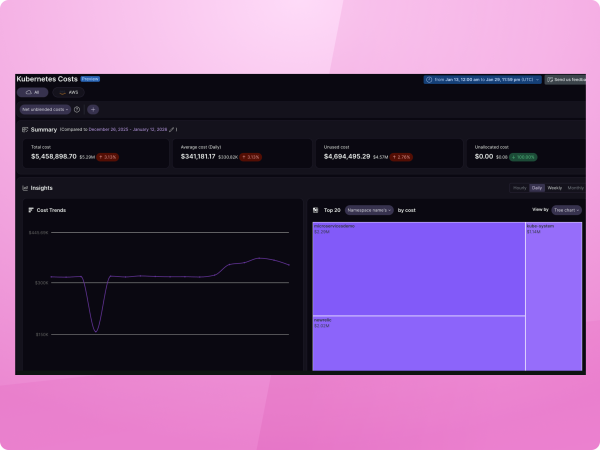 A Cloud Cost Intelligence dashboard showing cloud spend across services and workloads, with drilldowns into the major cost drivers