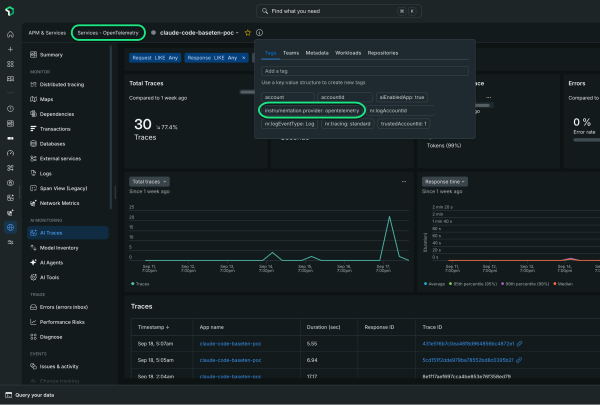 Screen highlighting that OpenTelemetry is the instrumentation provider within the New Relic platform UI.