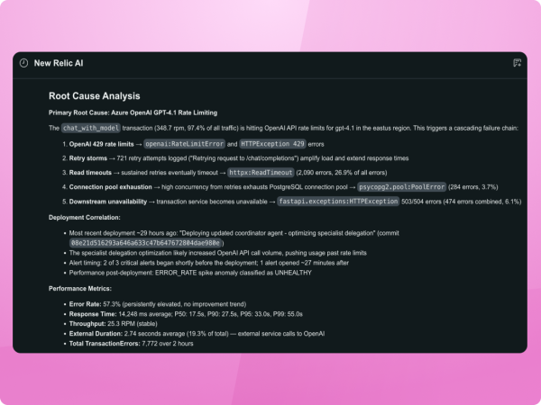 New Relic AI analyzing operational context to identify root cause and connect application, deployment, and performance signals.