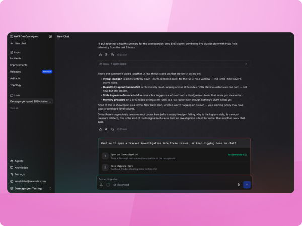 Customer-built and third-party AI agents connect with New Relic while preserving existing tools and workflows.