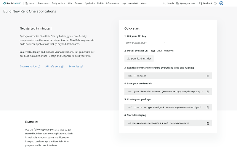 Capture d'écran illustrant comment démarrer avec les applications New Relic One