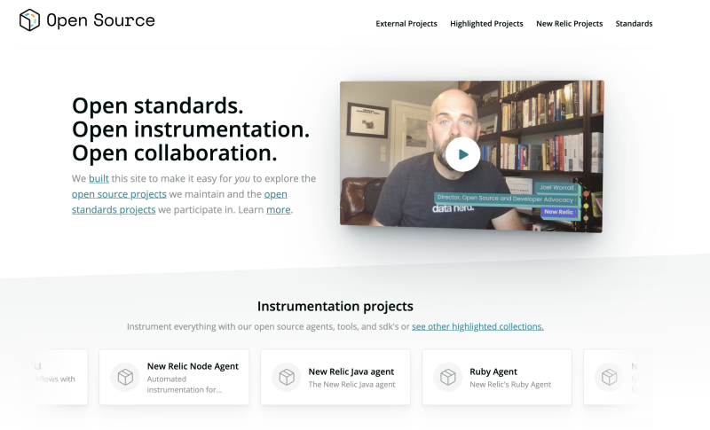 Capture d'écran illustrant les projets open source majeurs pour New Relic