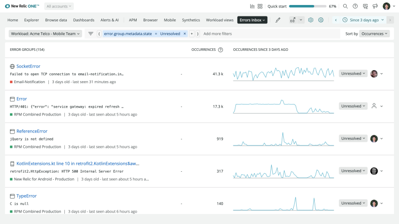 Errors inbox screenshot depicted on New Relic One.