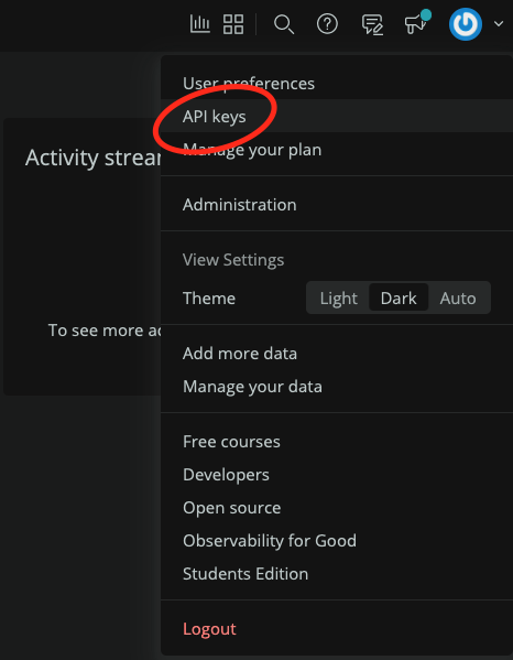 Select API keys from the dropdown in the upper right corner.