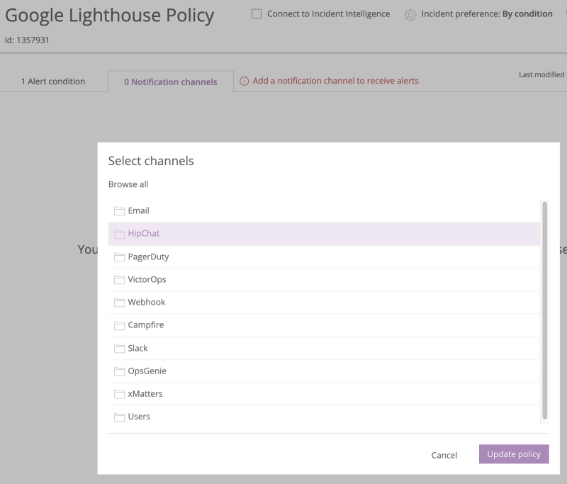 Select channels dropdown menu