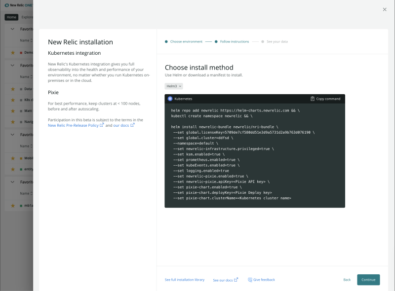 New Relic guided Pixie installation screen depicted.