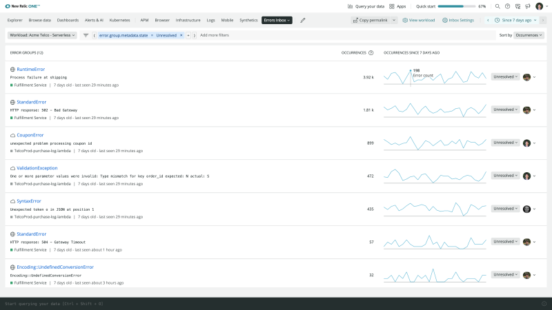 New Relic One Errors Inbox: Workload: Acme Telco - Serverless screen