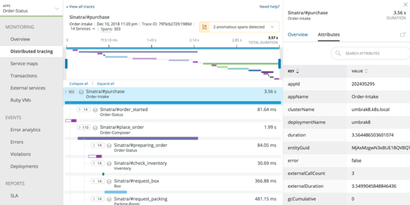 New Relic dashboard displaying distributive tracing details 