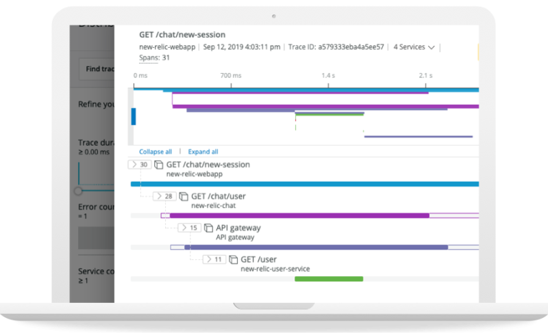 Laptop screen displaying a New Relic One dashboard with the metrics and traces feature opened up on the screen