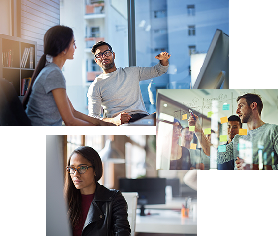 Three stock images layered over each other of people working in an office setting