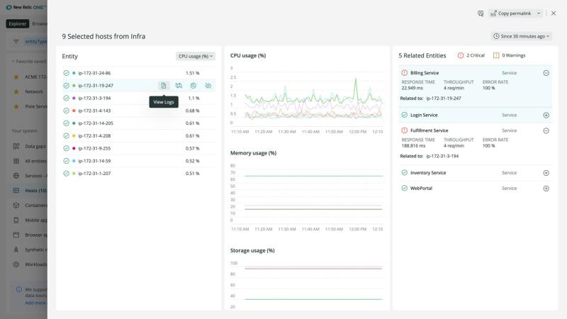 Quickly isolate infrastructure components to compare golden signals and relationships, or analyze logs, alerts, and topology.