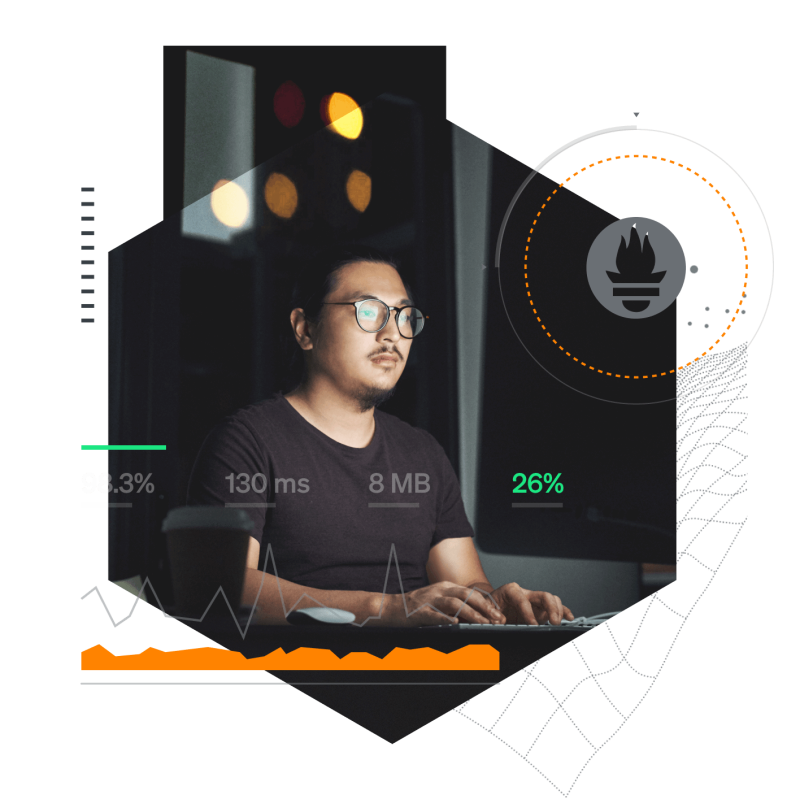 Engineer working on laptop with data superimposed in front and a large screen showing kubernetes clusters beside him