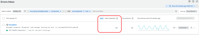 Errors InboxでUser Impactedを用いてエラーの影響度を確認
