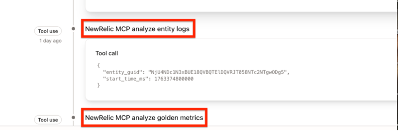 New Relic MCP analyze entity logs