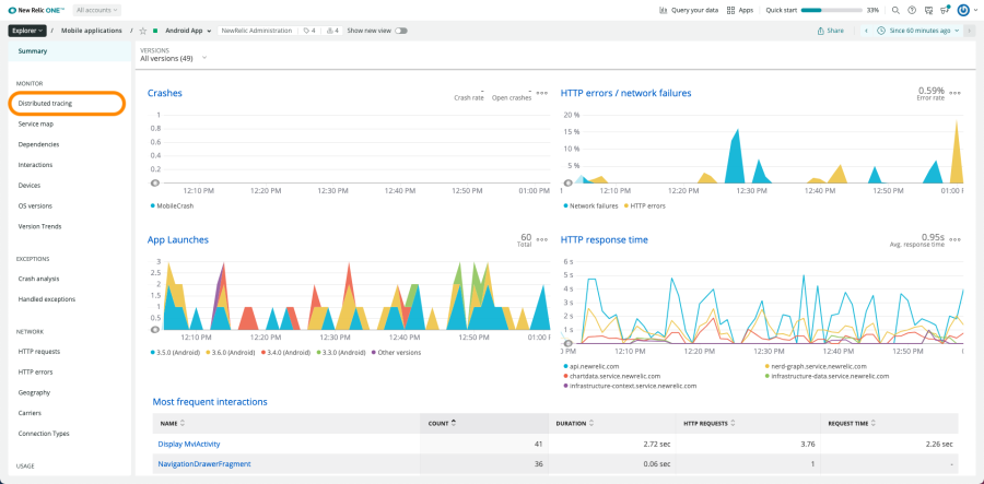 Screenshot of mobile distributed tracing nav