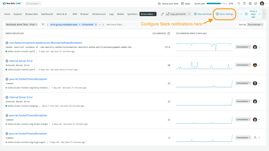 New Relic Slack integration screenshot