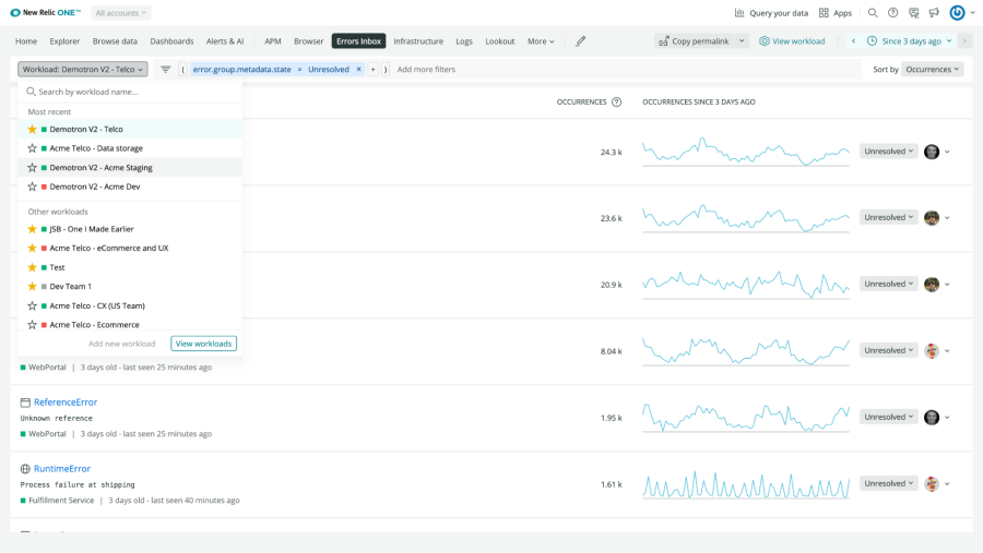 메뉴바 드롭다운에 표시되는 New Relic One 워크로드의 예