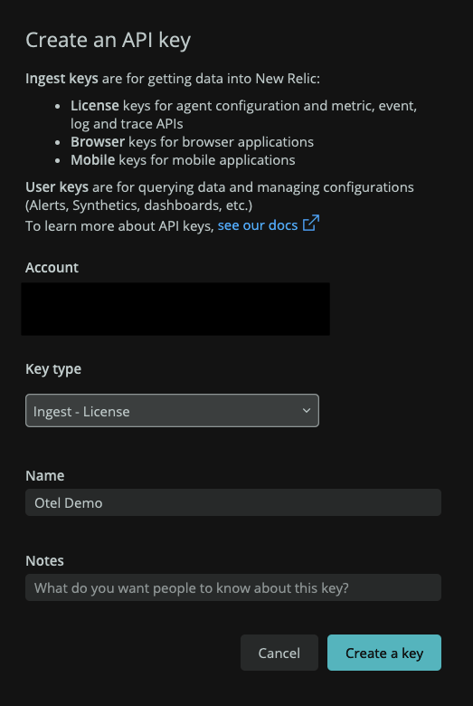 Choose Ingest-License for Key type and click Create a key.