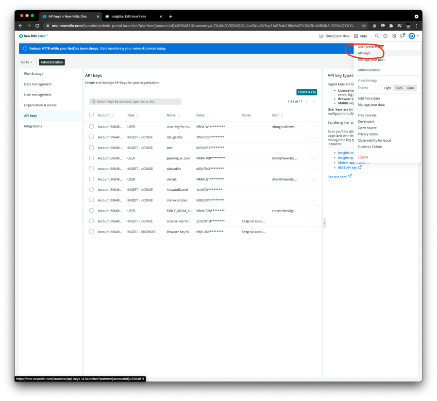 New Relic API Keys