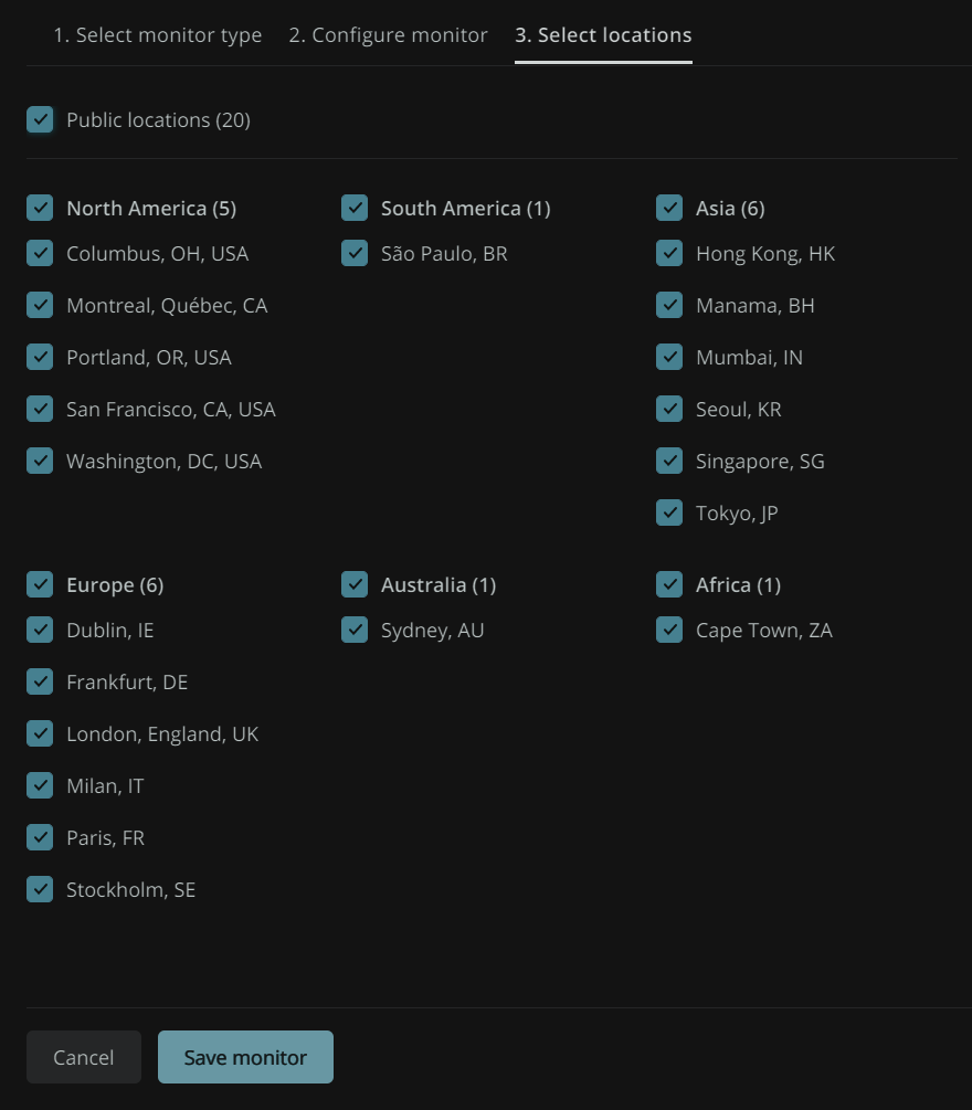 Creating a monitor and selecting all public locations