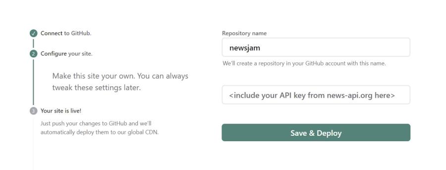 Add your API keys to connect Netlify and GitHub