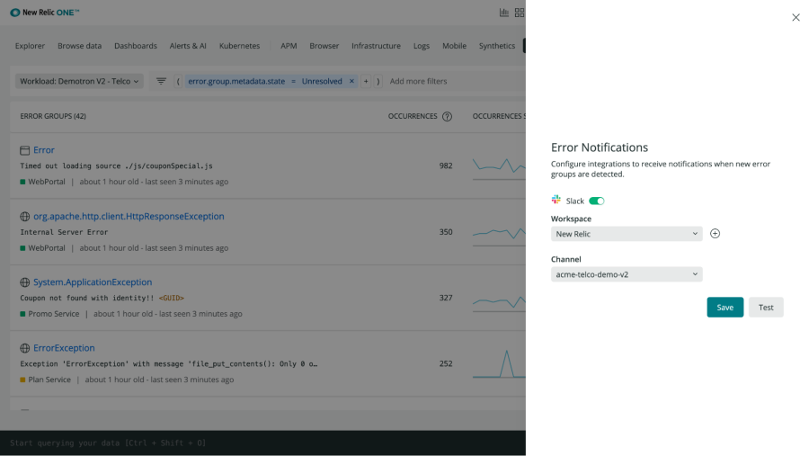 Integrate Slack and APM with errors inbox New Relic