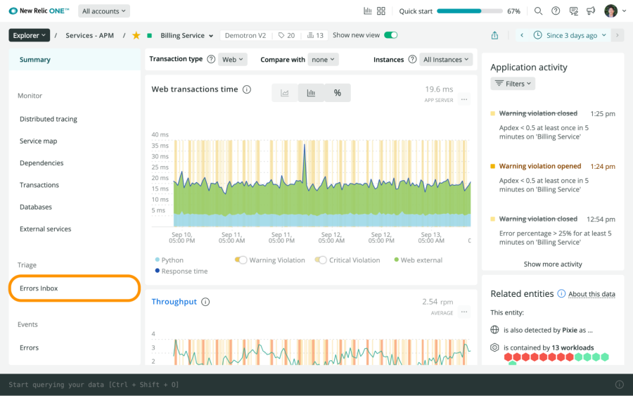 Errors Inbox circled in left-hand pane of APM service.