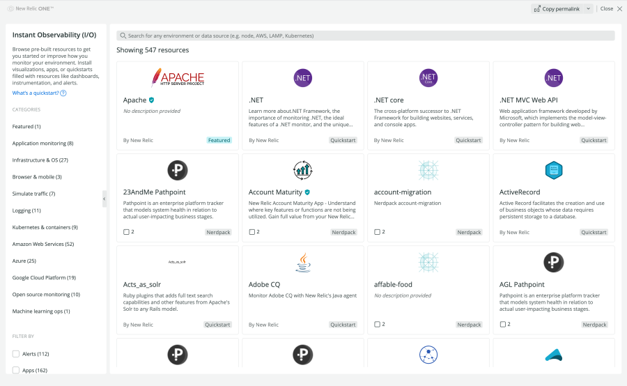 New Relic Instant Observability 카탈로그 뷰 필터링되지 않은 스크린샷