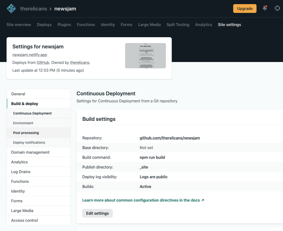 Netlify Post processing screen