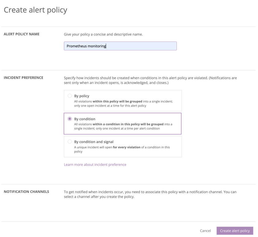 Create alert policy screen with "By condition" selected.