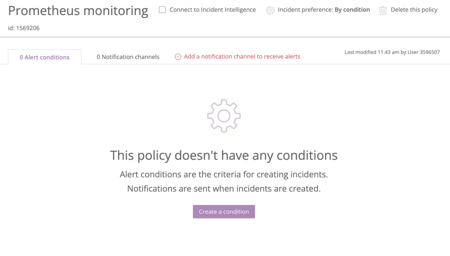 "This policy doesn't have any conditions" screen.