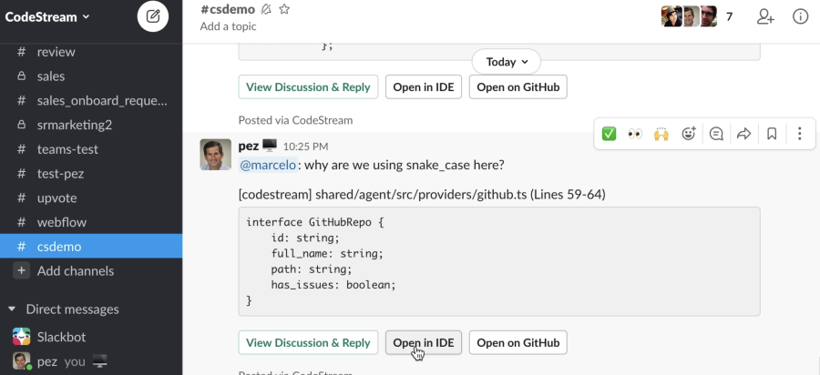 Message from CodeStream showing in Slack.