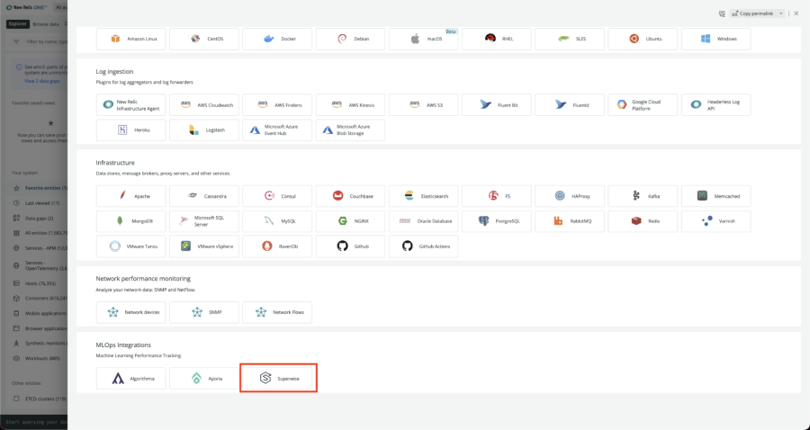 Superwise integration highlighted on New Relic integrations screen.