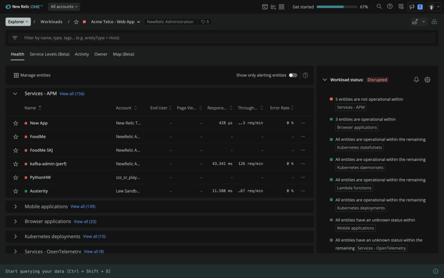 View of New Relic One Explorer with workload status in the righthand pane.