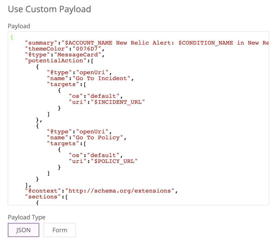 Image of JSON custom payload.