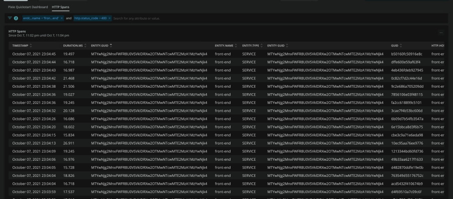 HTTP Spans tab on the dashboard of the Pixie quickstart