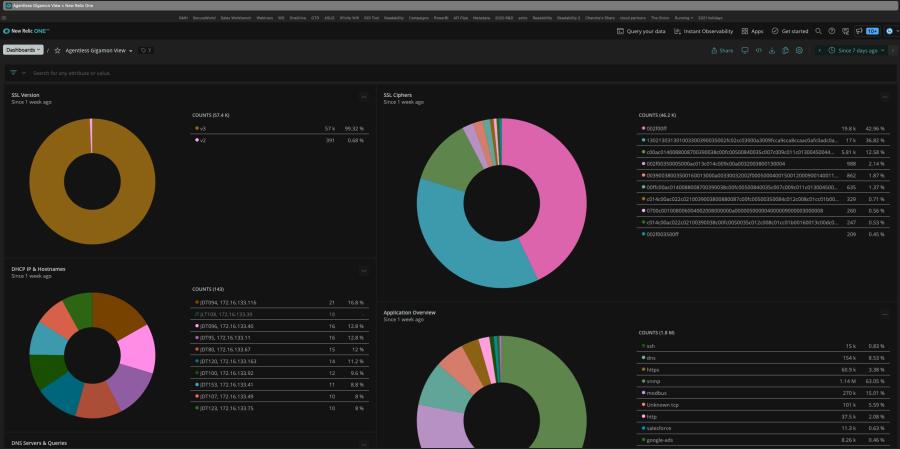 Gigamon quickstart dashboard: SSL Version, SSL Ciphers, DHCP IP & Hostnames, Application Overview