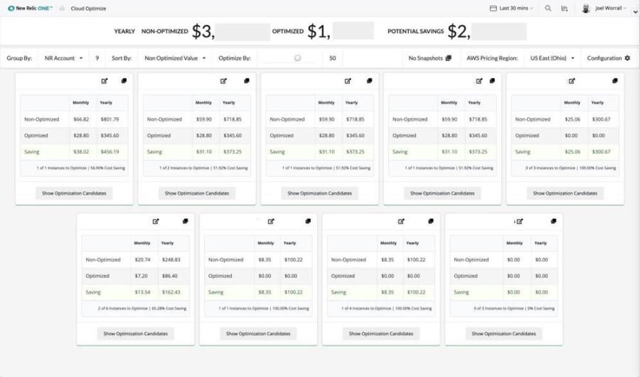 New Relic Cloud Optimizeが、削減できるクラウドコストを表示している画面。