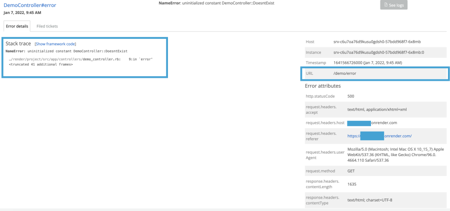 Stack trace and URL are highlighted in New Relic One dashboard.