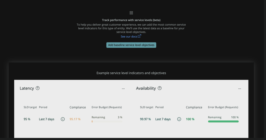 screen shot of Service Levels screen in New Relic One