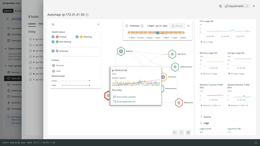 Interface du dashboard du monitoring de l'infrastructure