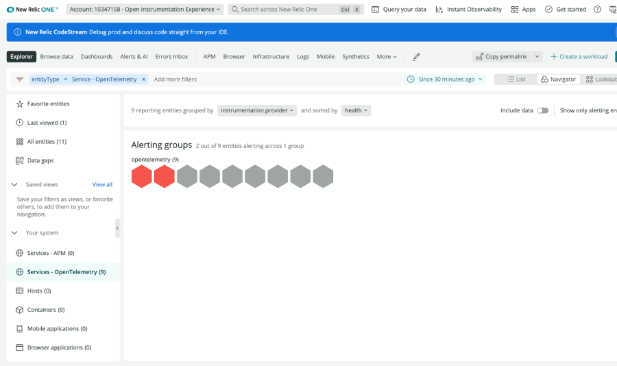 New Relic One 사용자 인터페이스에서 OpenTelemetry 서비스 2개에 알람 표시