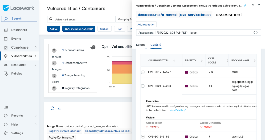 Lacework dashboards for container vulnerabilities
